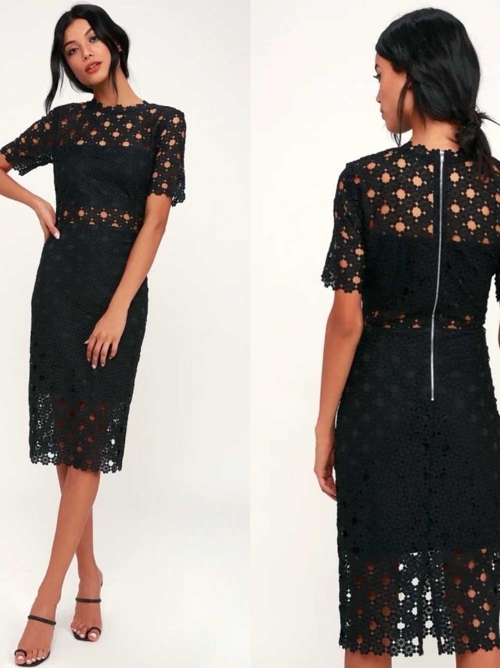 New Lulu's Heartfelt Black Bodycon Lace Midi Dress Short Sleeve Sheath, XS